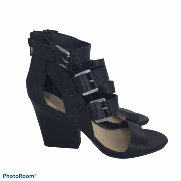 NEW VERY VOLATILE LOS ANGELES 9M Black leather Heel Ankle Strap Buckles - Picture 2 of 13